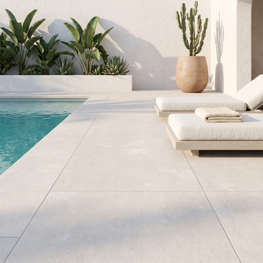 Afyon Sky sandblasted pavers on a bright modern pool terrace