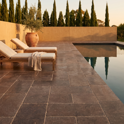 Noche travertine pavers on a warm pool terrace