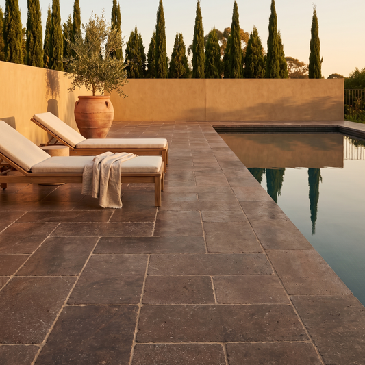 Noche travertine pavers on a warm pool terrace
