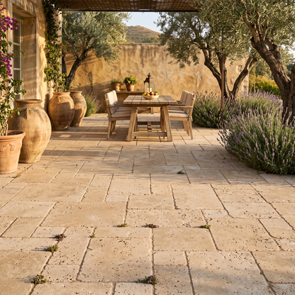 Classic Mix travertine pavers on a Mediterranean garden terrace