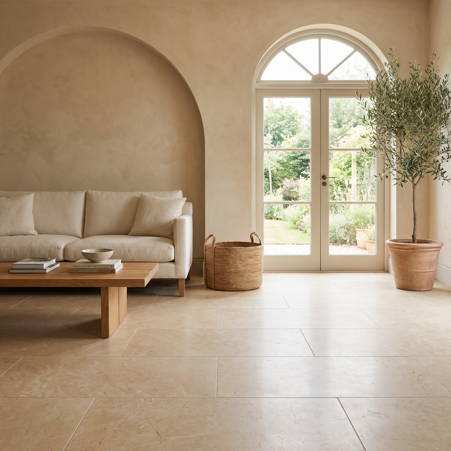 Sahara limestone floor in a warm light-filled living room