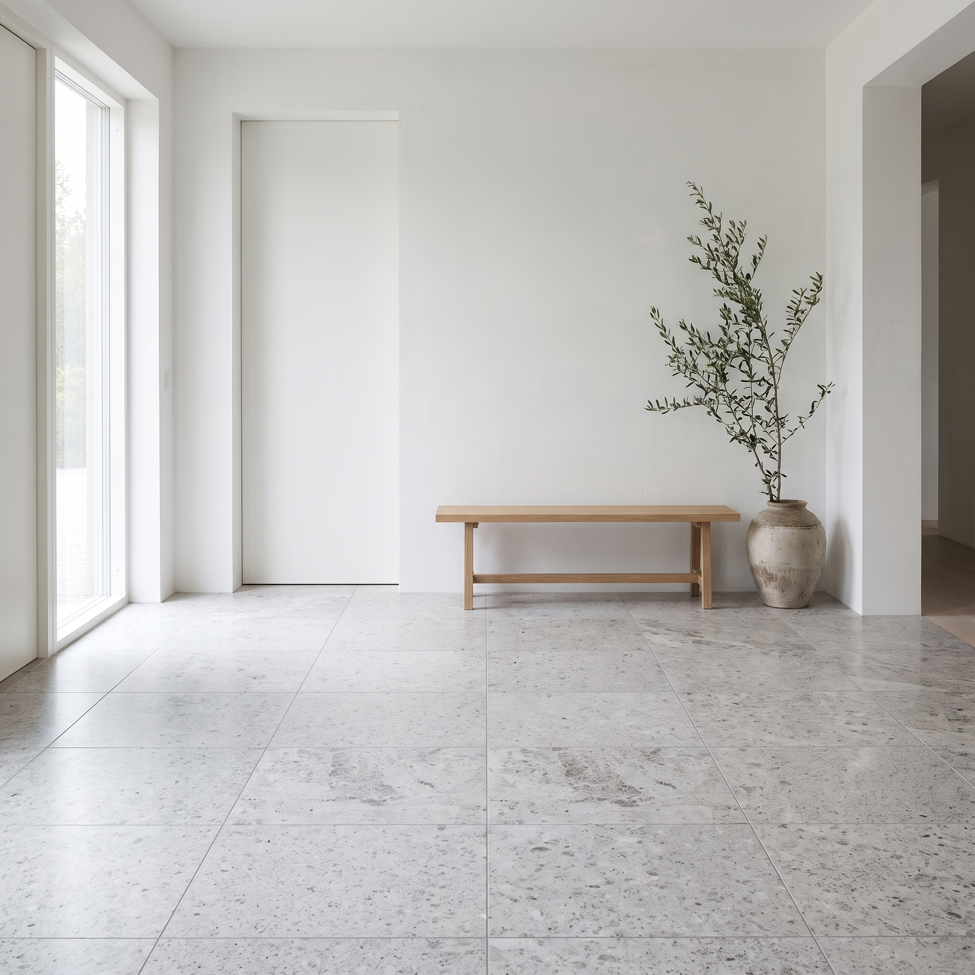Silver Shadow Galaxy stone floor in a bright minimal entrance hall