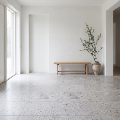 Silver Shadow Galaxy stone floor in a bright minimal entrance hall