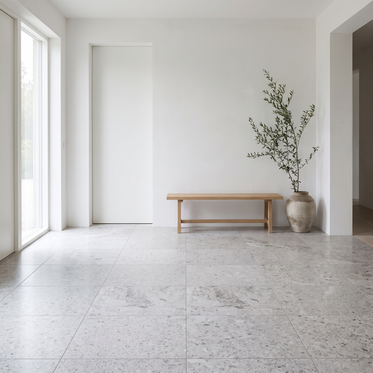 Silver Shadow Galaxy stone floor in a bright minimal entrance hall