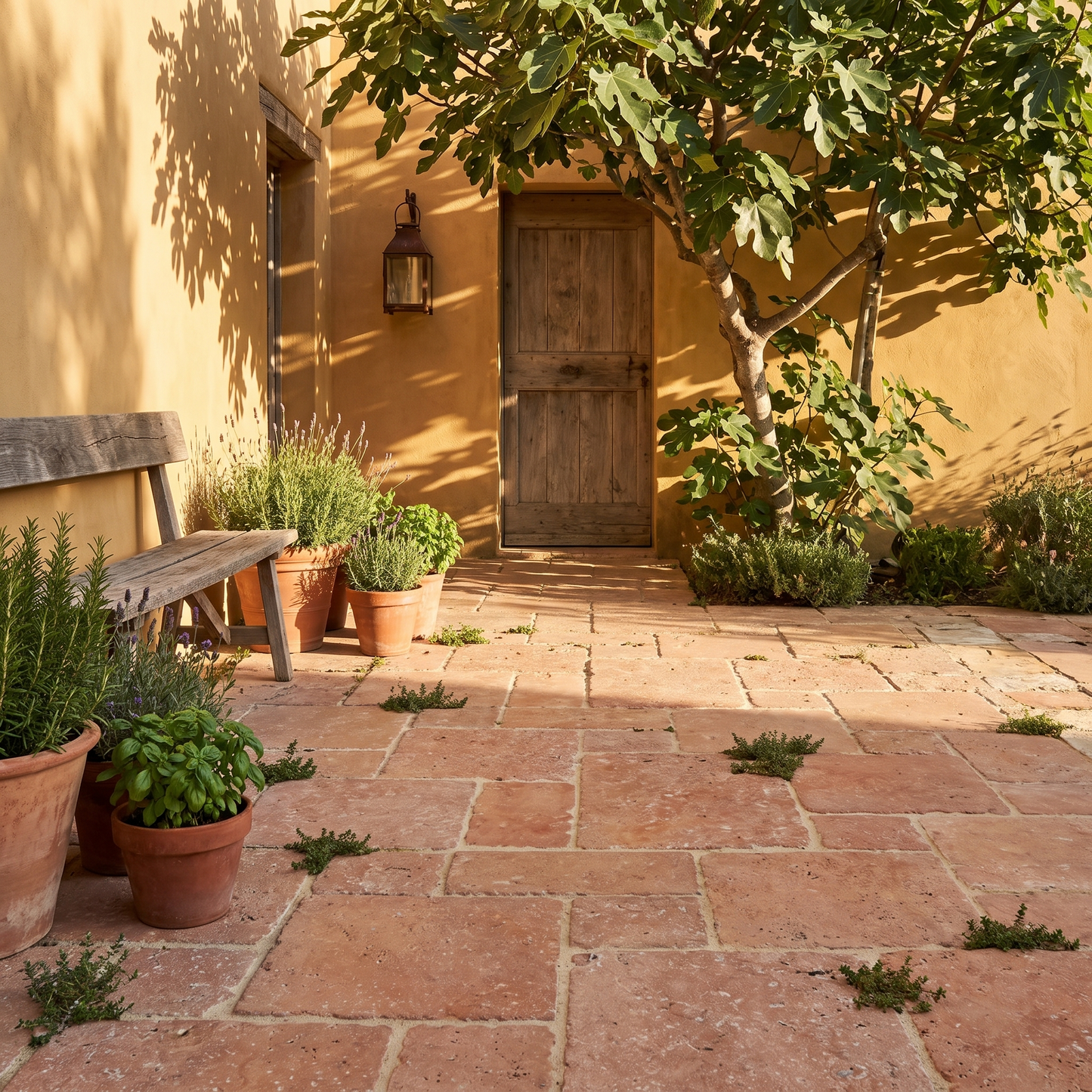Terracotta travertine pavers in a rustic-modern courtyard