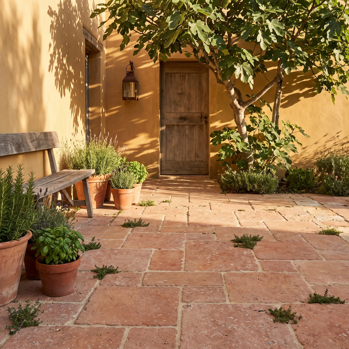 Terracotta travertine pavers in a rustic-modern courtyard