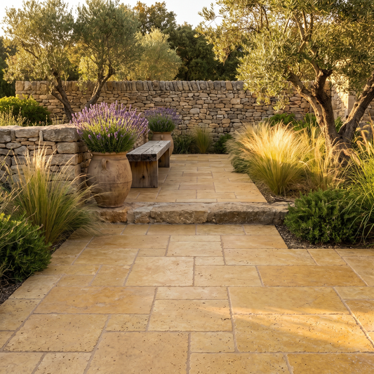 Yellow Travertine pavers on a sunlit garden path
