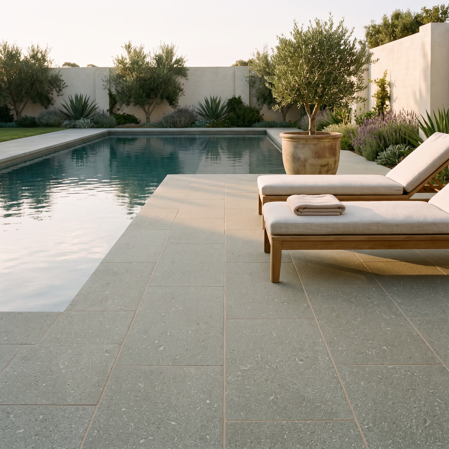 Marine Green limestone pavers around a swimming pool