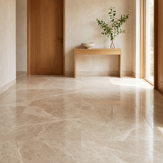 Lidya Beige marble floor in a warm bright hallway