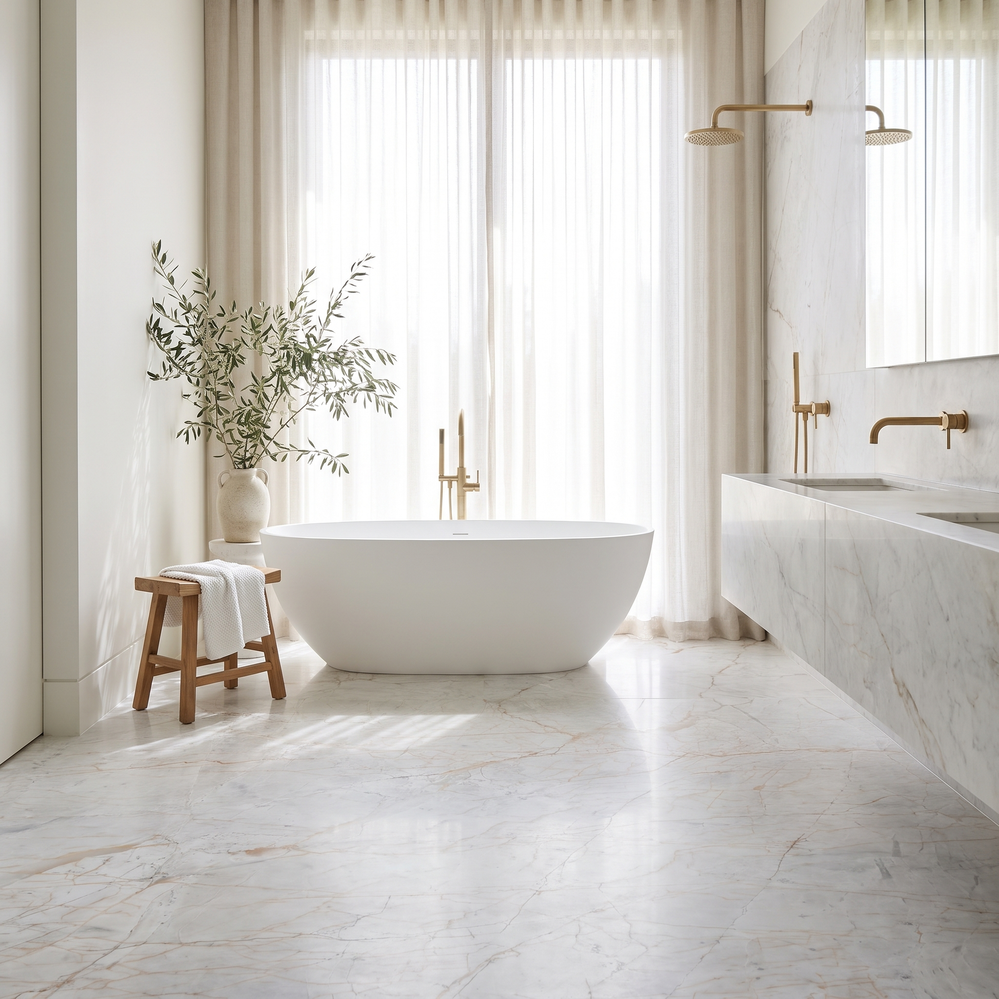Dolomity White Grey marble floor in a bright minimal bathroom