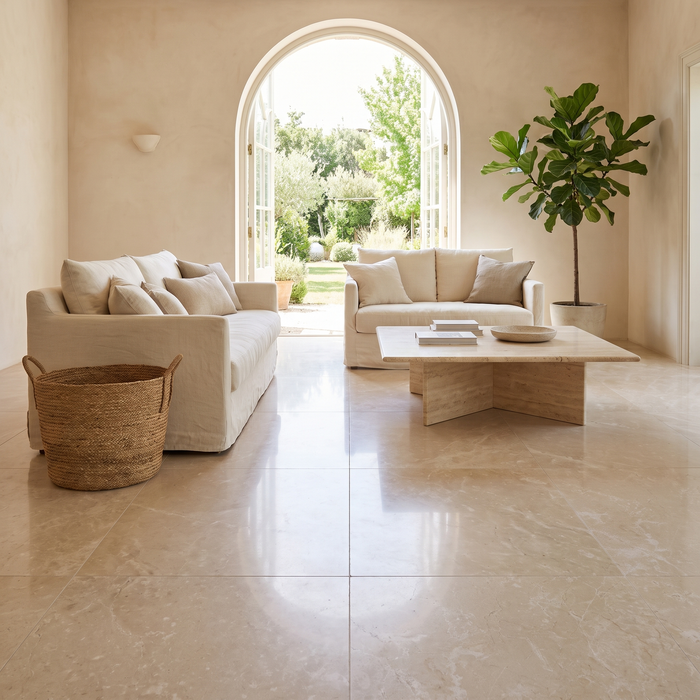 Botticino marble floor in a warm light-filled living room