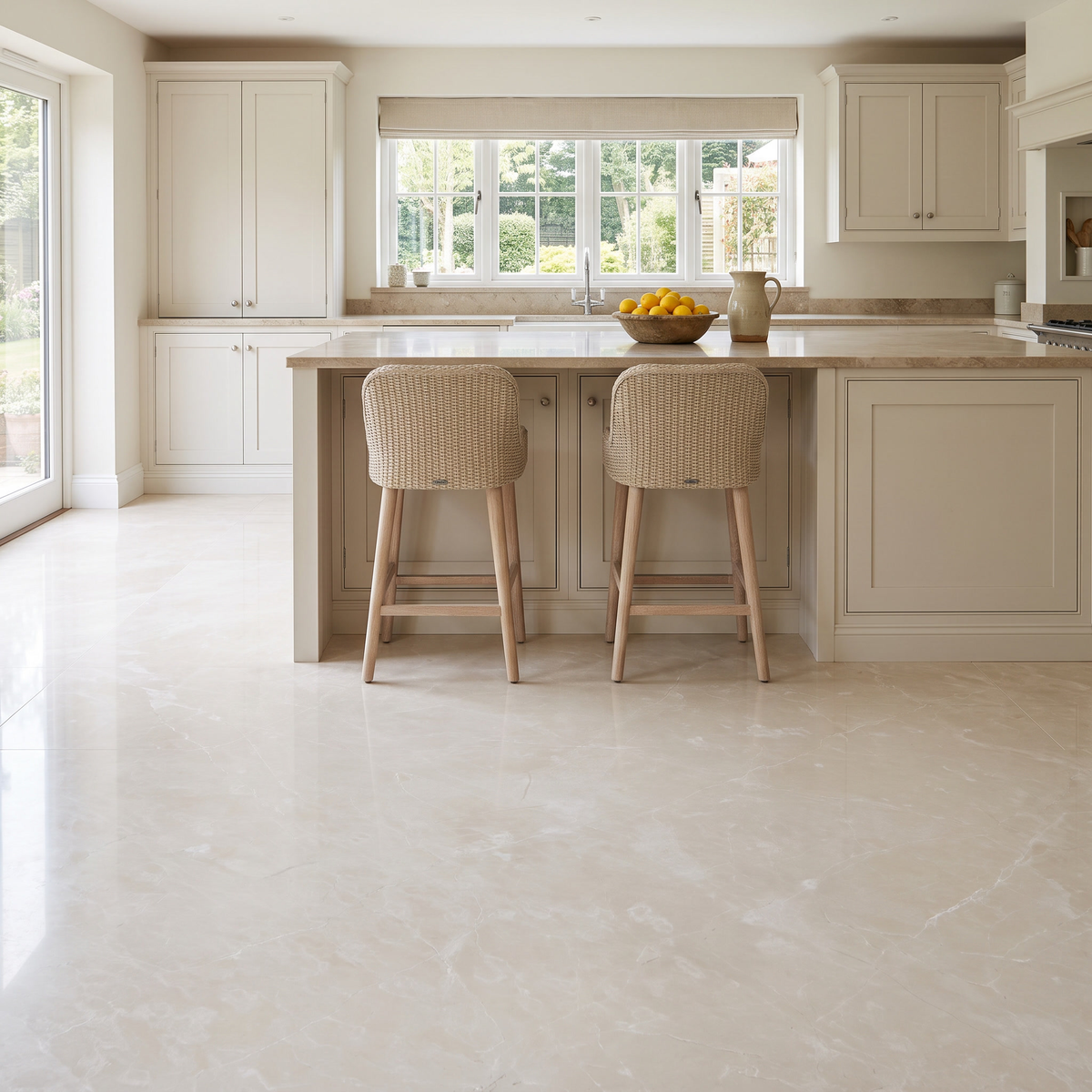 Crema Premium marble floor in a bright open kitchen