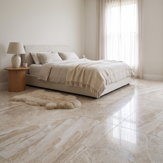 Aspen marble floor in a light airy bedroom