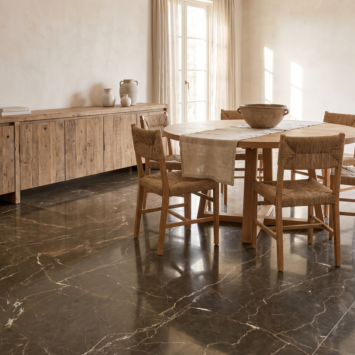 Olive Marrone marble floor in a warm bright dining room