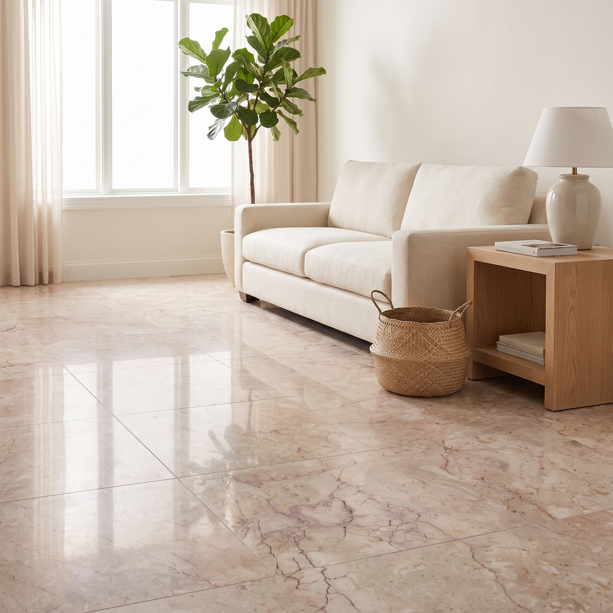 Rosalia marble floor in a soft light-filled sitting room