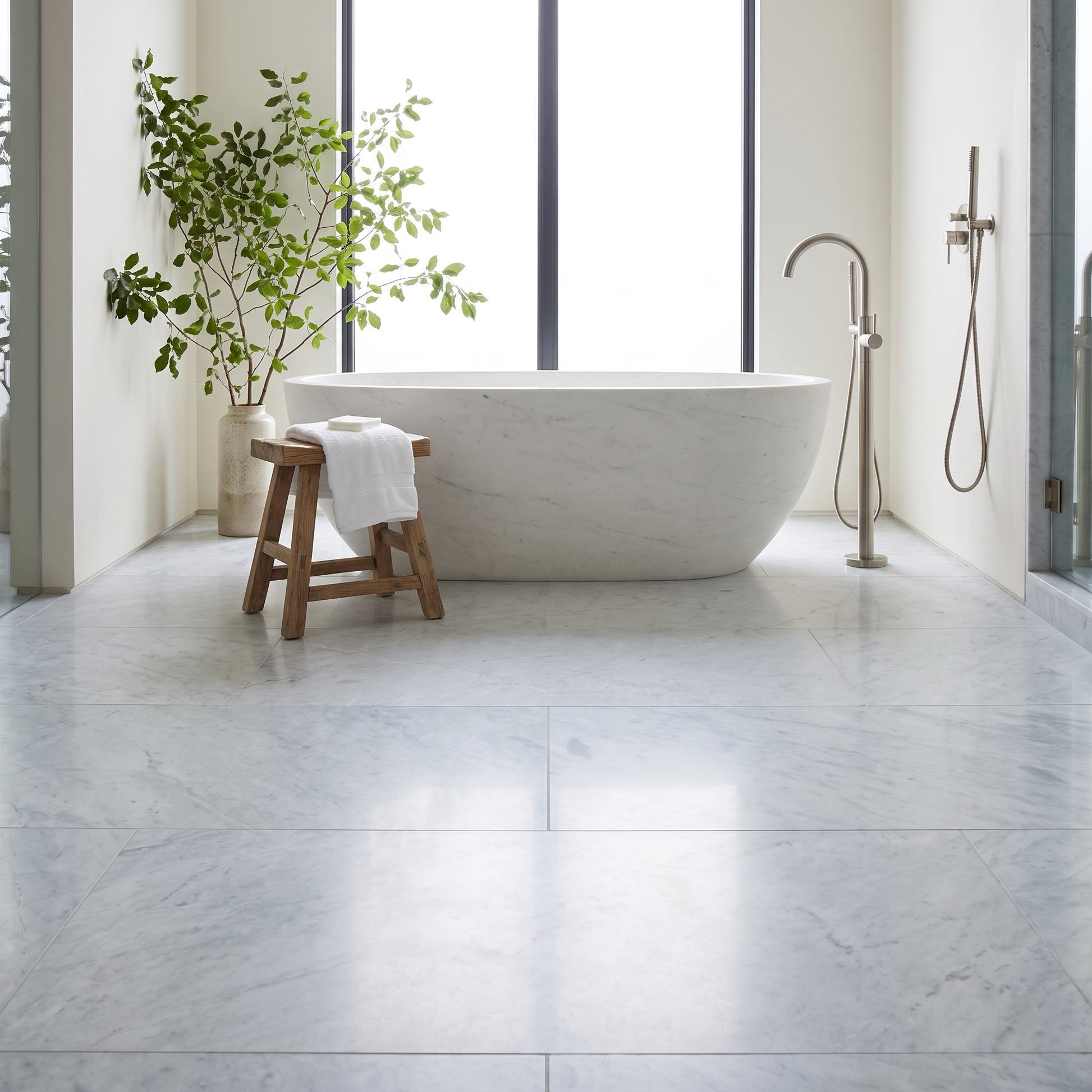 Neptune marble floor in a bright contemporary bathroom