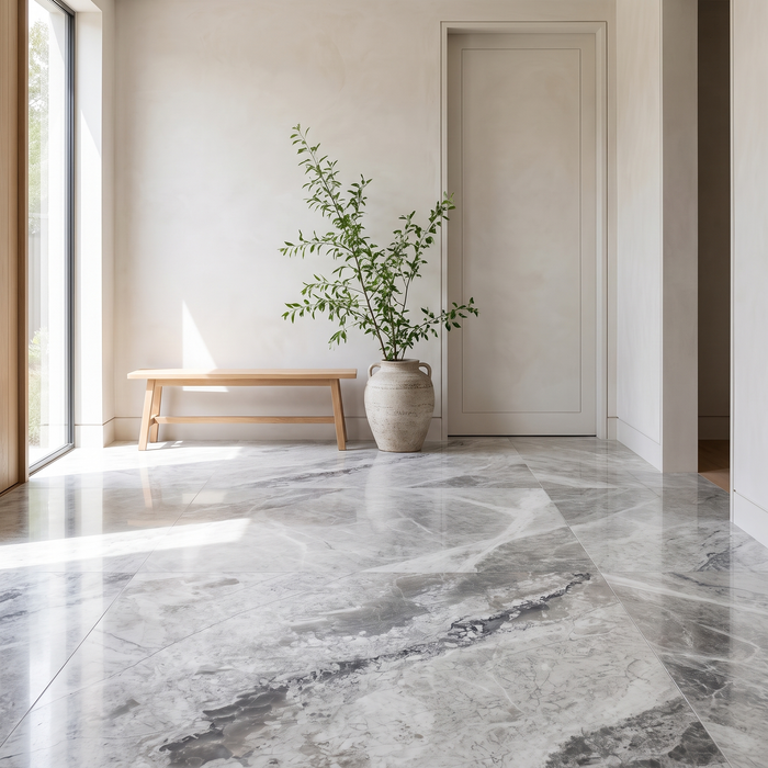 Silver Pablo marble floor in a bright entrance hall