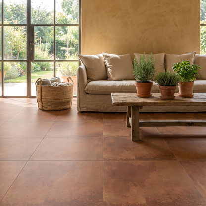Chateau Terra Cotta porcelain floor in a warm rustic-modern living room