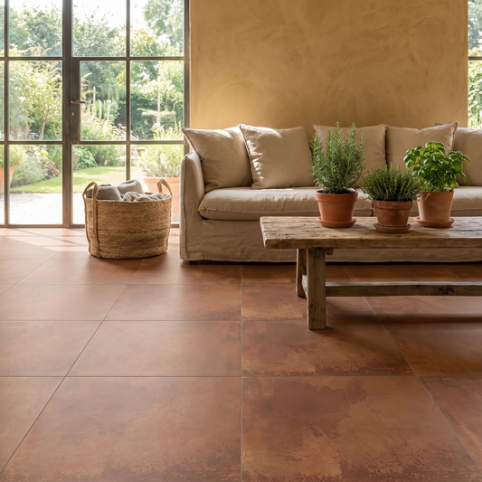 Chateau Terra Cotta porcelain floor in a warm rustic-modern living room