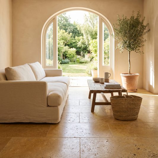 Yellow Travertine floor in a warm sunlit living room