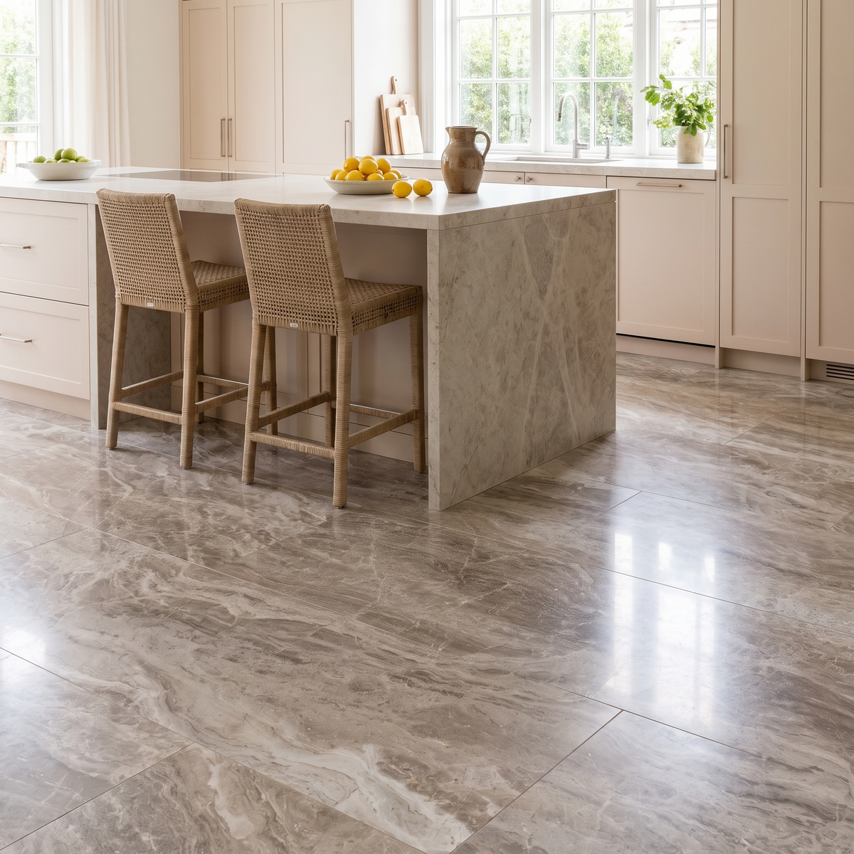 Barcelona marble floor in a bright open kitchen