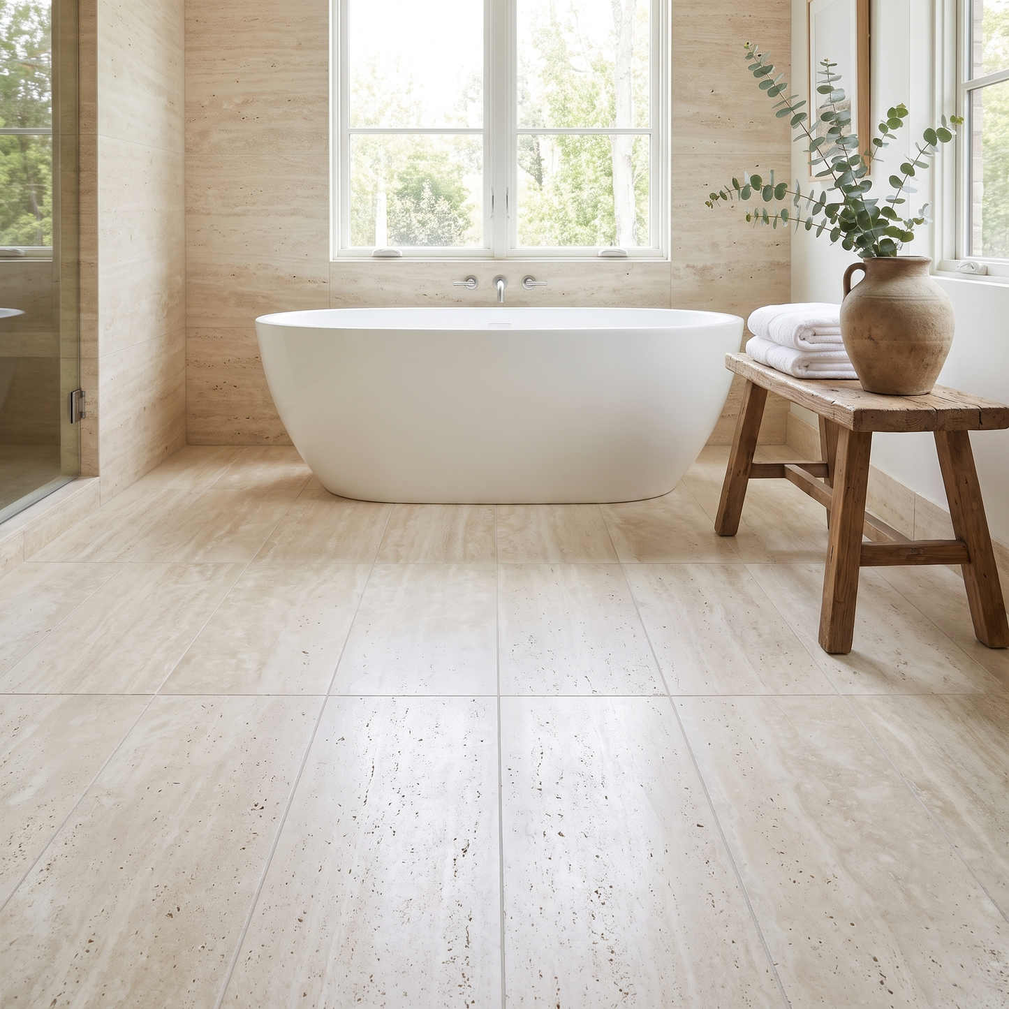 Ivory Travertine Veincut floor in a bright serene bathroom