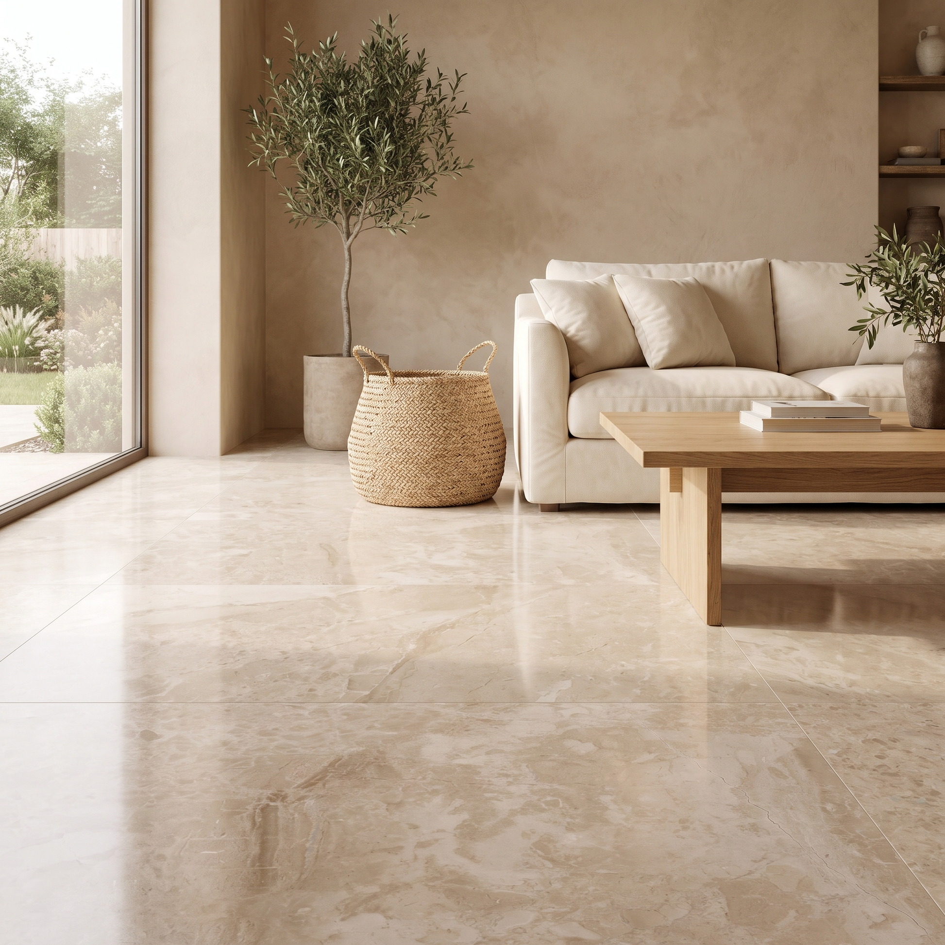Lidya Beige B marble floor in a warm light-filled living room