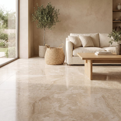 Lidya Beige B marble floor in a warm light-filled living room
