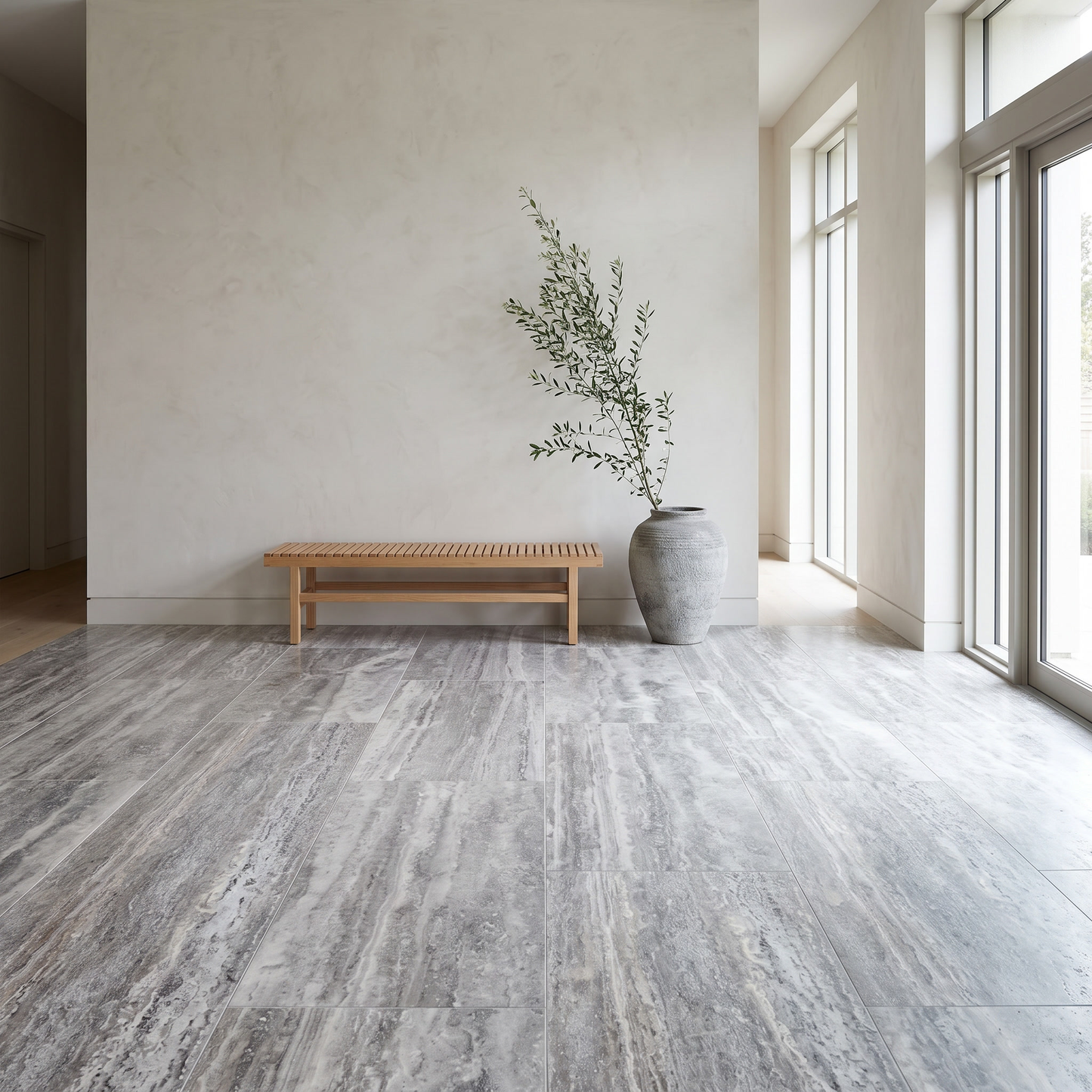 Silver Veincut travertine floor in a calm modern entrance hall