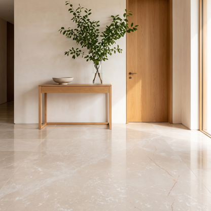 Crema Premium B marble floor in a bright warm hallway