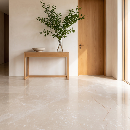 Crema Premium B marble floor in a bright warm hallway