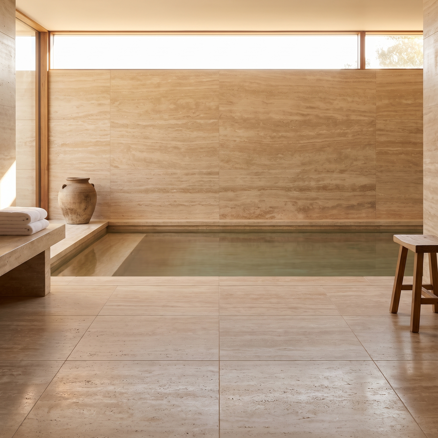 Classic Travertine Veincut floor in a serene indoor spa