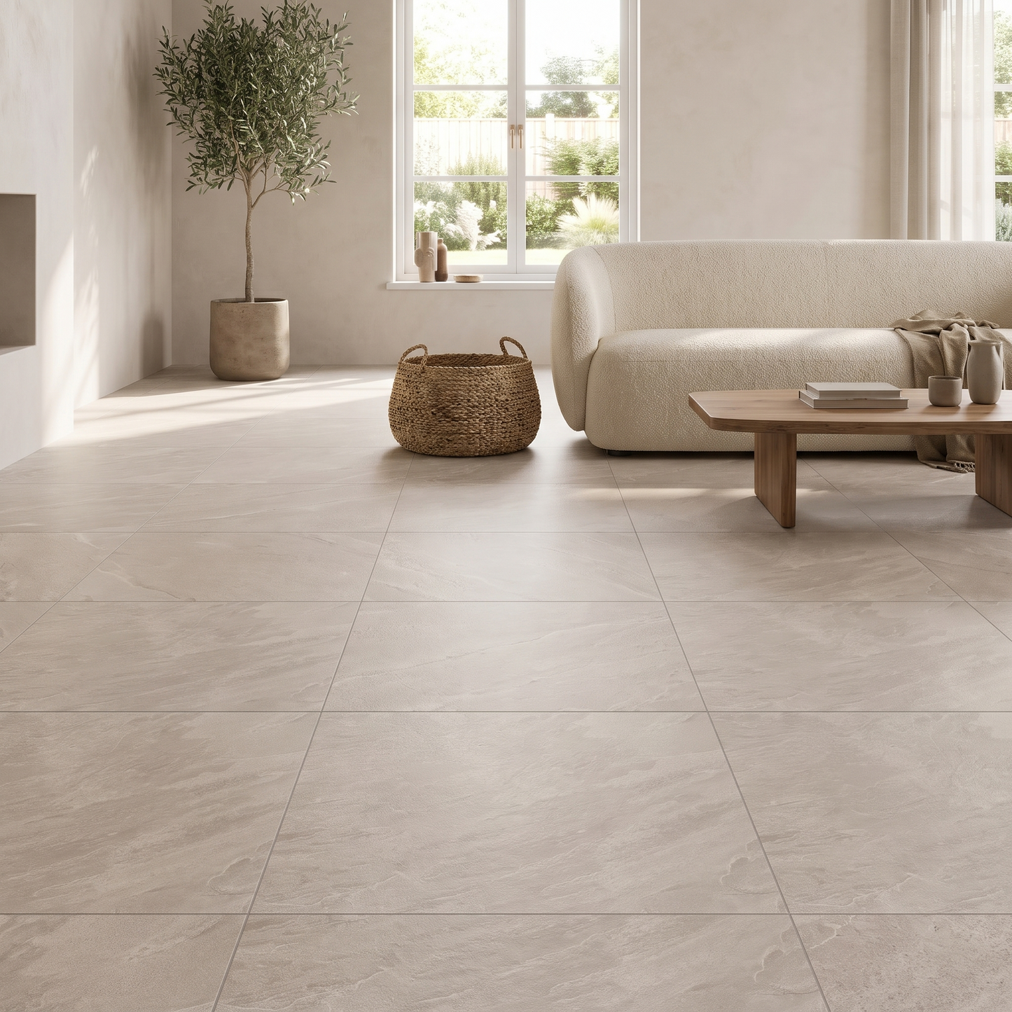 Avio Quarzite Taupe porcelain floor in a warm modern living room