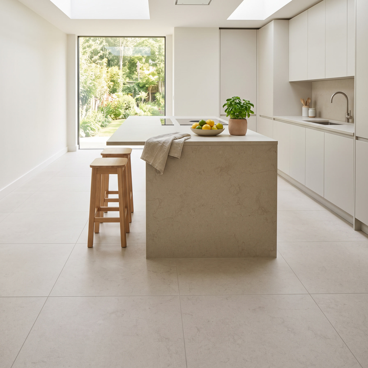 Manarola Sandblasted Sand porcelain floor in a bright kitchen