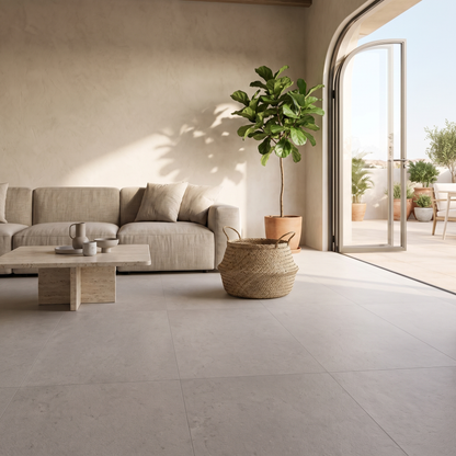 Manarola Sandblasted Grege porcelain floor in a warm living space