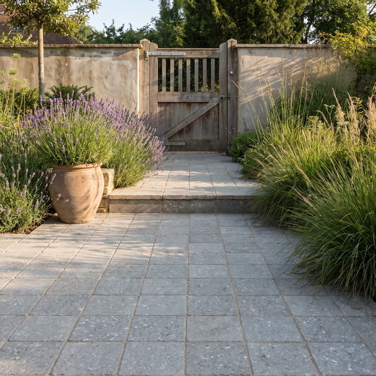 Marine Green Flamed limestone paving on a garden entrance path