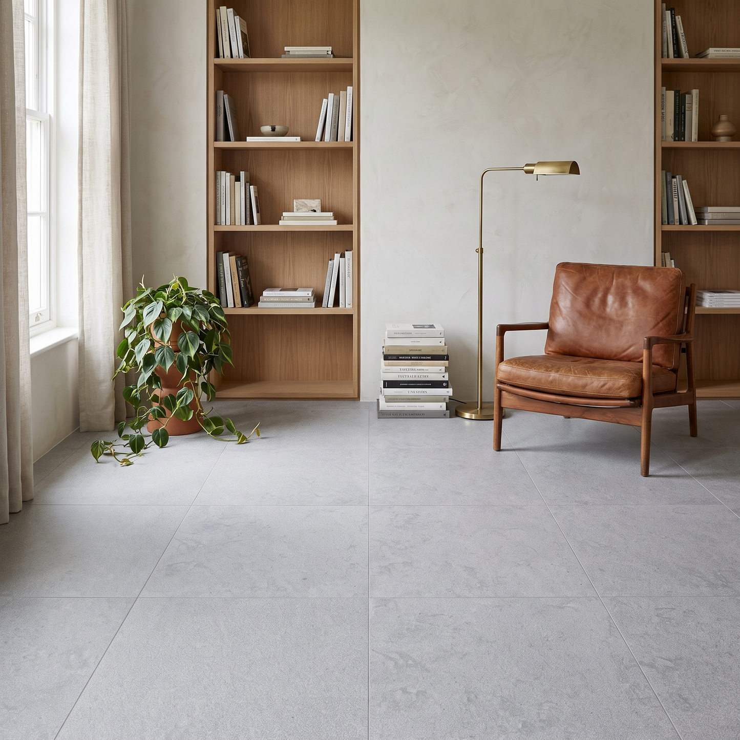 Manarola Sandblasted Silver porcelain floor in a modern study