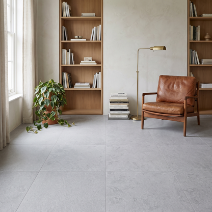 Manarola Sandblasted Silver porcelain floor in a modern study