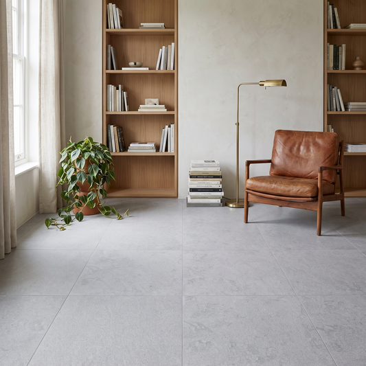 Manarola Sandblasted Silver porcelain floor in a modern study