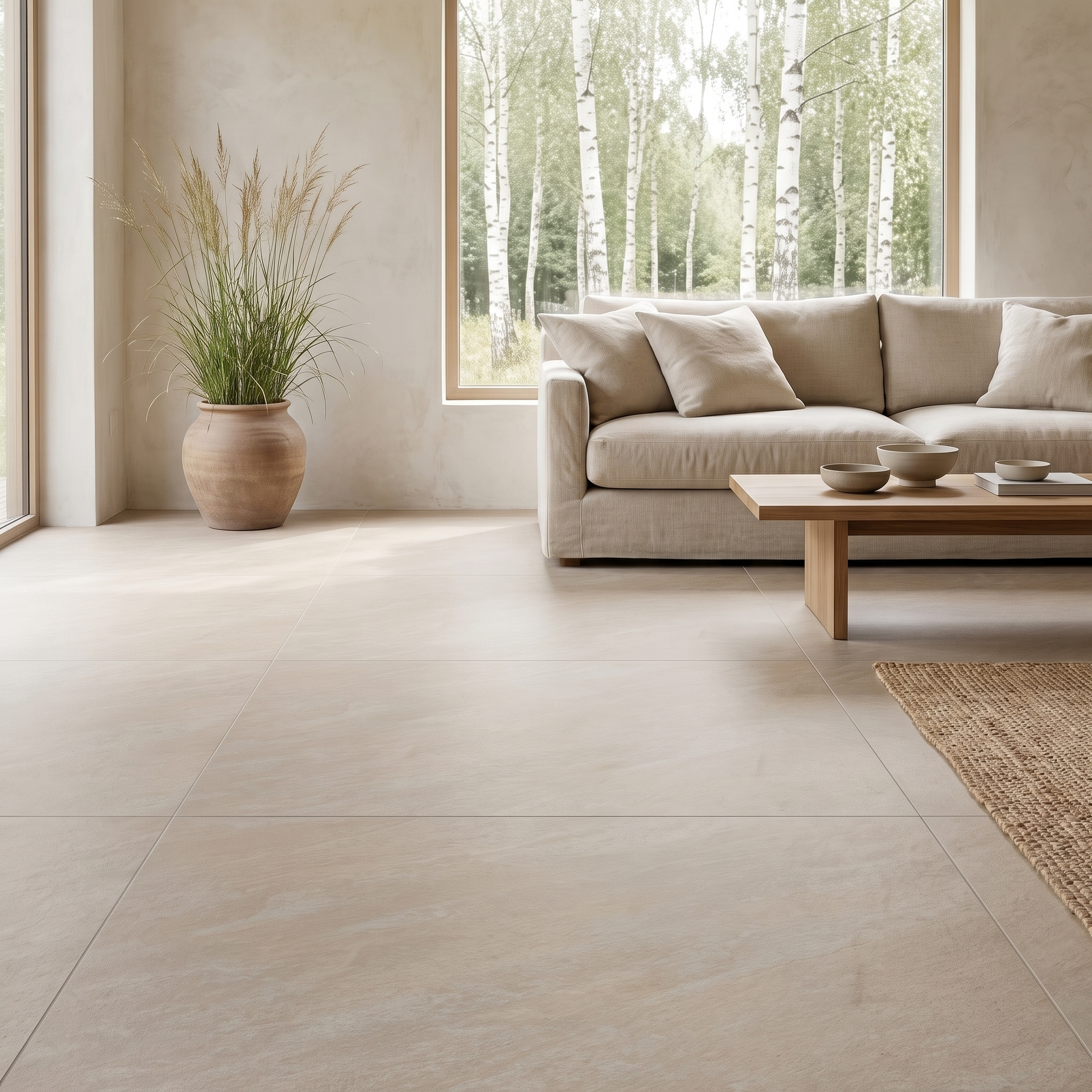 Neo Quarzite Sand porcelain floor in a calm natural living room