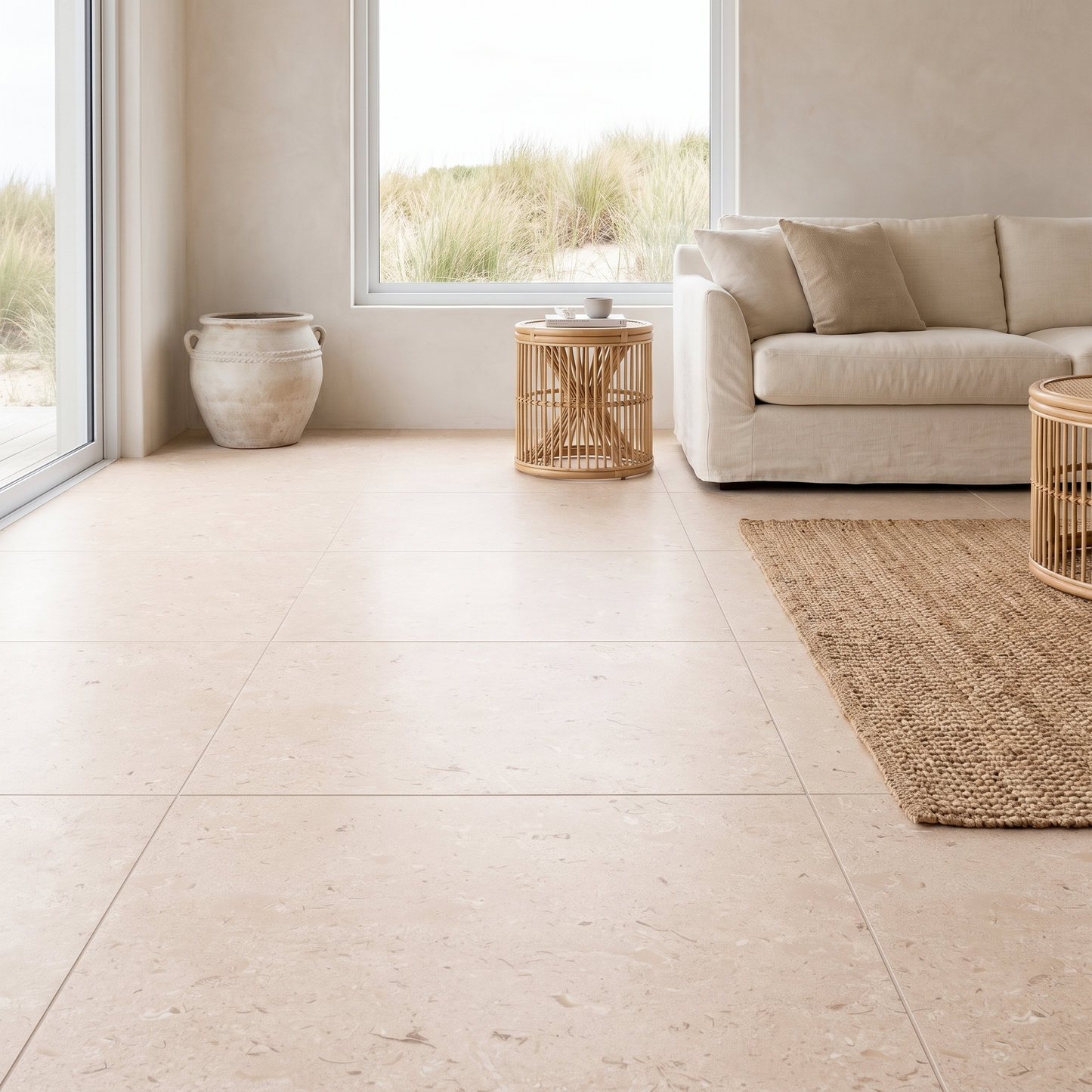 New Shellstone porcelain floor in a bright coastal living room