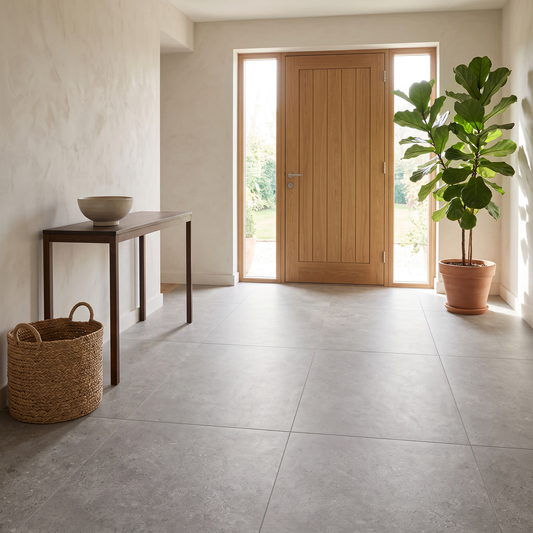 Charleston Grege porcelain floor in a bright entrance hall