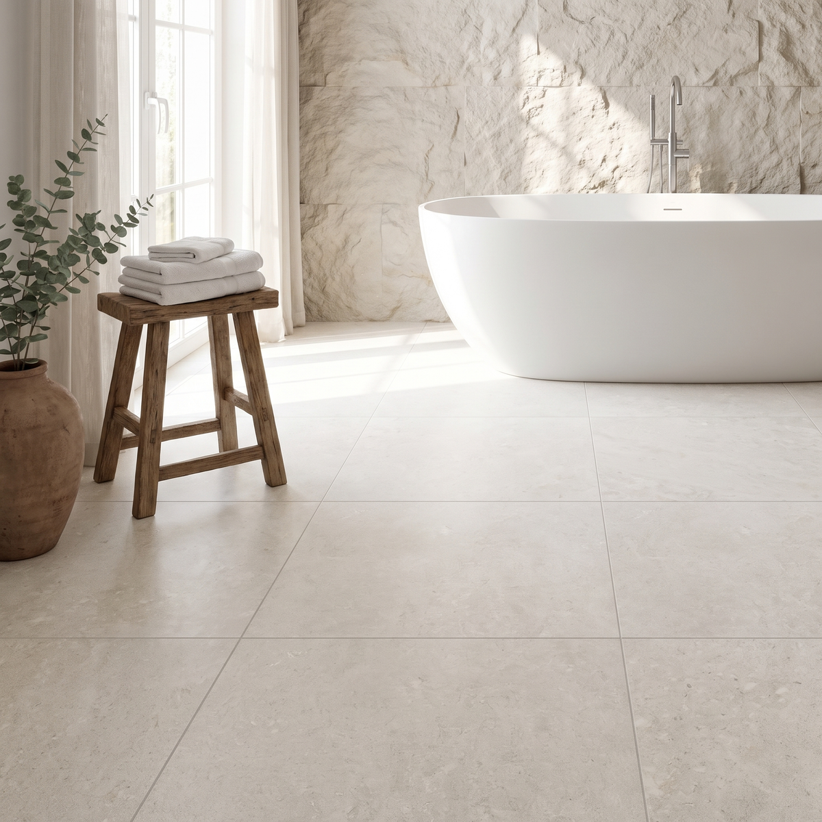 New Pietra Ivory porcelain floor in a bright serene bathroom
