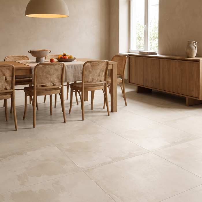 Chateau Cream porcelain floor in a warm light-filled dining room
