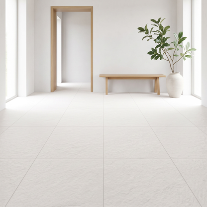 Neo Quarzite Pearl porcelain floor in a bright minimal entrance hall