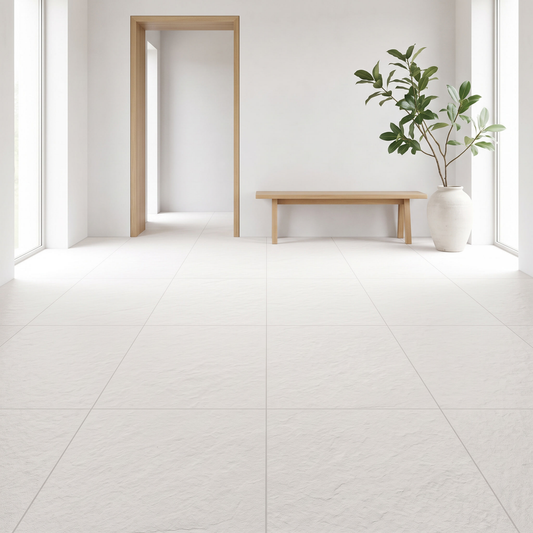 Neo Quarzite Pearl porcelain floor in a bright minimal entrance hall