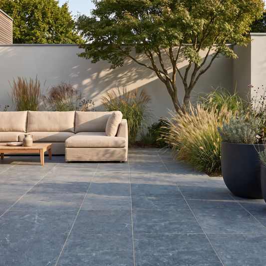 Blue Stone limestone pavers on a contemporary garden terrace