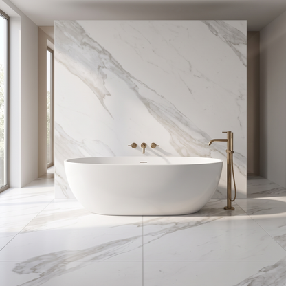 Arbescato White porcelain in a bathroom setting