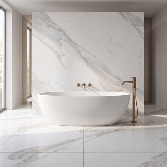 Arbescato White porcelain in a bathroom setting