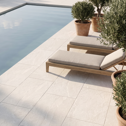 Torino Pearl porcelain paving on a poolside terrace